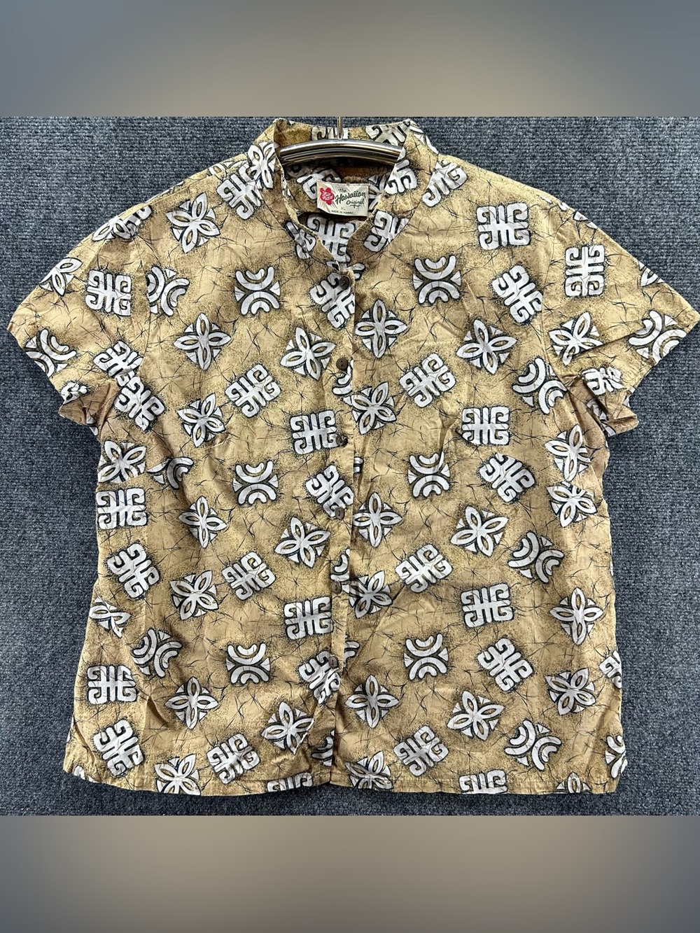 Vtg Hilo Hattie Tribal Tiki Paradise Hawaiian Shirt Mock Neck Womens XL Tan Boxy